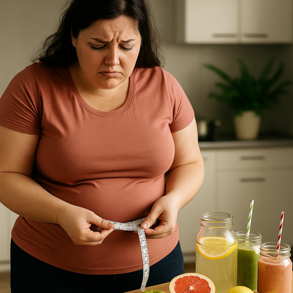 Woman measuring herself with fruits and drinks on a table